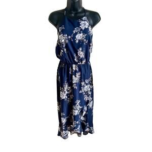 Coastal Cowgirl Floral Halter Dress XS Navy Blue Midi Boho Summer Western Vibe